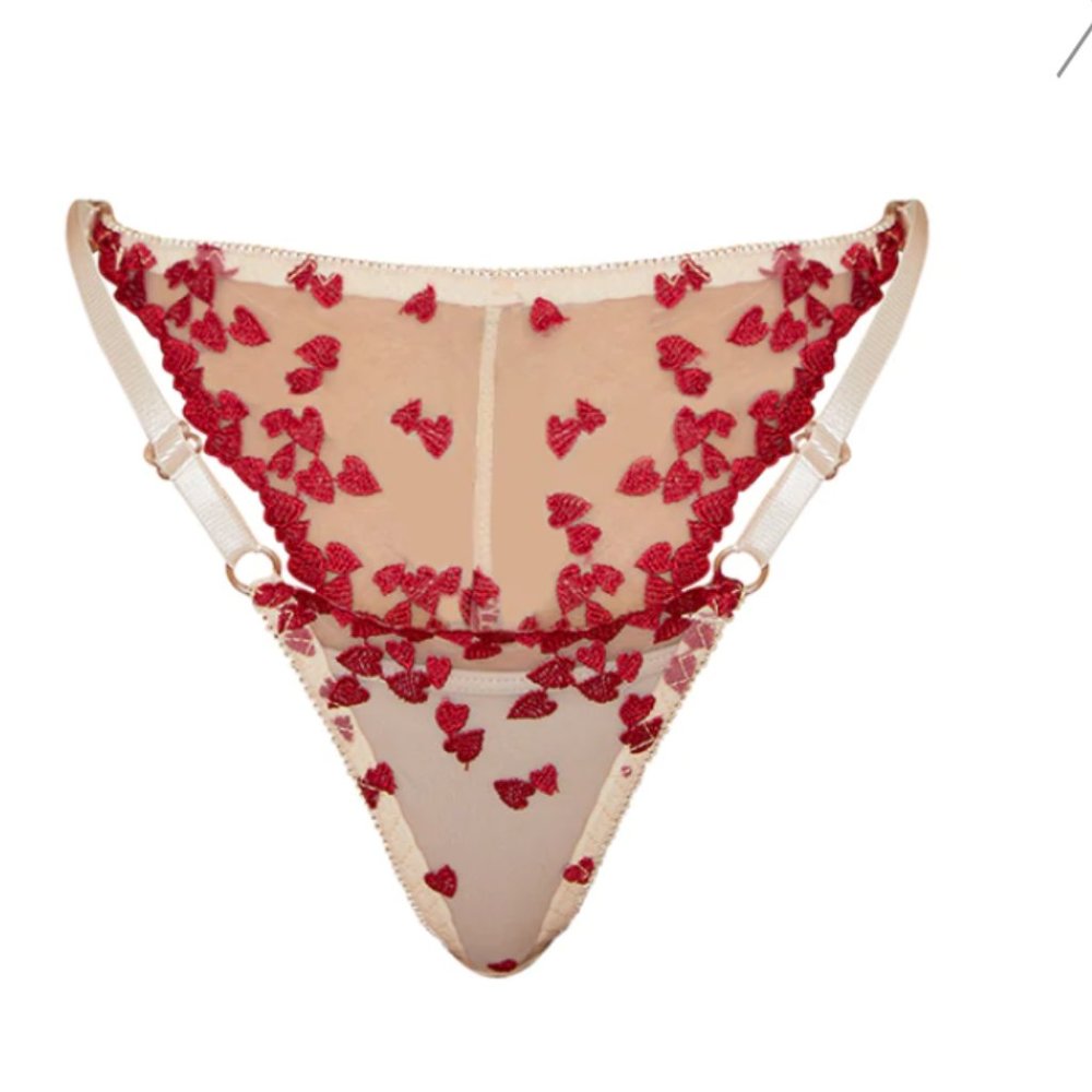 SET OF VALENTINE LINGERIE (2 count) EMBROIDERED HEART & BLACK LACE THONGS SIZE S